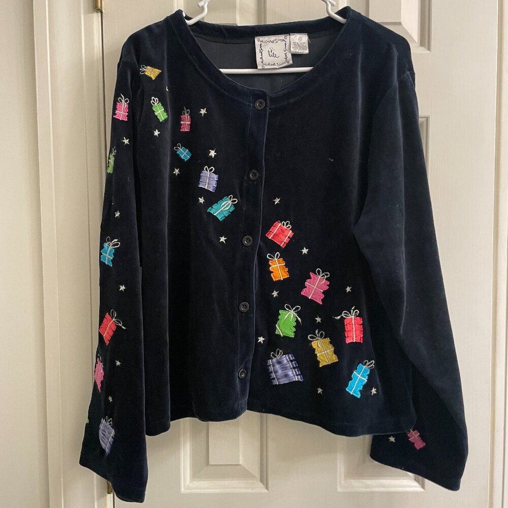 Vintage Michael Simon Lite Black Velvet Present Ugly Christmas Cardigan